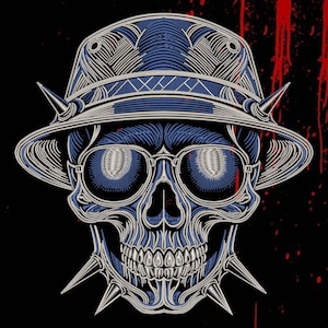 May include: An embroidered graphic featuring a human skull wearing a blue and white bucket hat and round glasses. The skull is adorned with sharp, metallic-looking spikes protruding from the hat brim and the jawline, set against a black background.