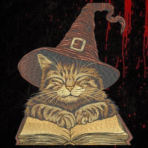 Hexe Katze Stickdatei, Gothic Halloween Katze, Zauberbuch Aufnäher, 9 Größen DST PES EXP