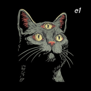 May include: A stylized illustration of a gray cat with three eyes and a red nose, set against a black background. The cat's eyes are yellow, and the ears have red accents. The image has the text "c1" in the upper right corner.