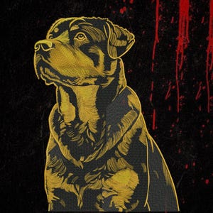 Puede incluir: Una ilustración gráfica de un perro Rottweiler representada con líneas doradas sobre un fondo negro. El perro se muestra de perfil, mirando hacia la izquierda, con salpicaduras de pintura roja goteando por el lado derecho del fondo oscuro.