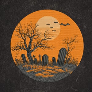 Moonlit Graveyard Embroidery Design, Gothic Halloween Cemetery Patch, Spooky Night Scene DST PES EXP, Large Back Patch File