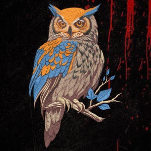 May include: An embroidered patch featuring a detailed owl with orange and blue feathers perched on a branch with blue leaves. The owl has bright orange eyes and is set against a black background with red paint-like splatters on the right side.