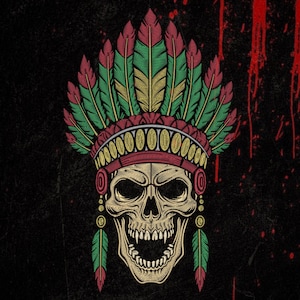 May include: An embroidered graphic featuring a human skull wearing a feathered headdress. The headdress has red, green, and yellow feathers with a red band and gold circular accents. Two feathers hang from the sides. The design is on a black background.
