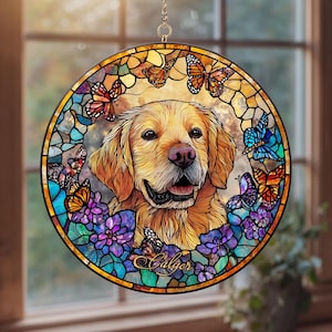 Custom Dog Portrait Stained Glass Suncatcher, Pet Memorial Stained Glass Photo Suncatcher, Dog Memorial Gift, Dog Loss, Pet Loss Gift.