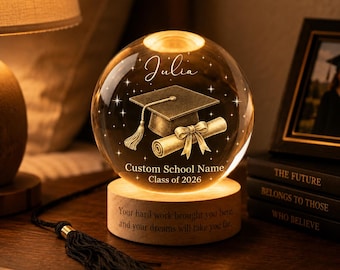 Lámpara de noche personalizada con forma de bola de cristal para la graduación de 2026, regalo de graduación para la promoción de 2026, regalo para graduados universitarios, lámpara de recuerdo grabada.