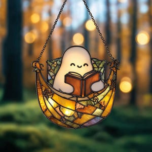 Cute Ghost Reading in Bed ACRYLIC Ornament, Halloween Window Hanging, Cozy Nook Decor and Bookish Gift for Book Lovers, Halloween Decor.