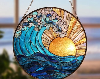 手作りステンドグラスのオーシャンサンキャッチャー：海岸の波のアート