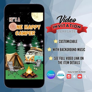 One Happy Camper Birthday Invitation, Camping Birthday Invite, Camping Party Invite, Backyard Camping Invitation, Birthday Video Invitation