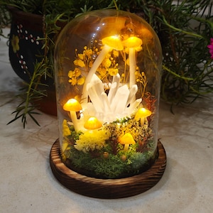 Enchanted Mushroom Forest Night Light with Glowing Crystal, Orange Mushroom Lamp, Cottagecore Decor, Apartment Decor, Wedding Decor