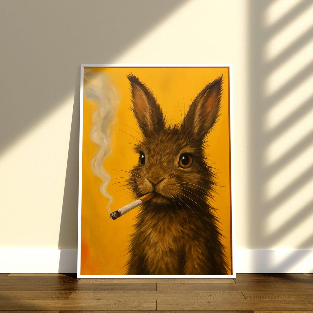 Rabbit Painting, Bunny Smoking a Cigarette, Bunny Wall Art, Rabbit ...