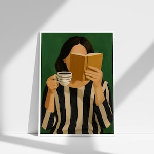 Emerald Green Modern Woman Reading Art Print – Abstract Female Portrait with Book & Coffee Cup – Minimalist Striped Wall Decor (Digital DW)