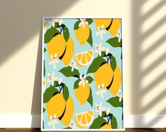 Lemon Art Print | Modern Kitchen Wall Decor | Cute Lemons and Stripes Illustration | Bright Fruit Printable | Digital Download |Summer Fruit