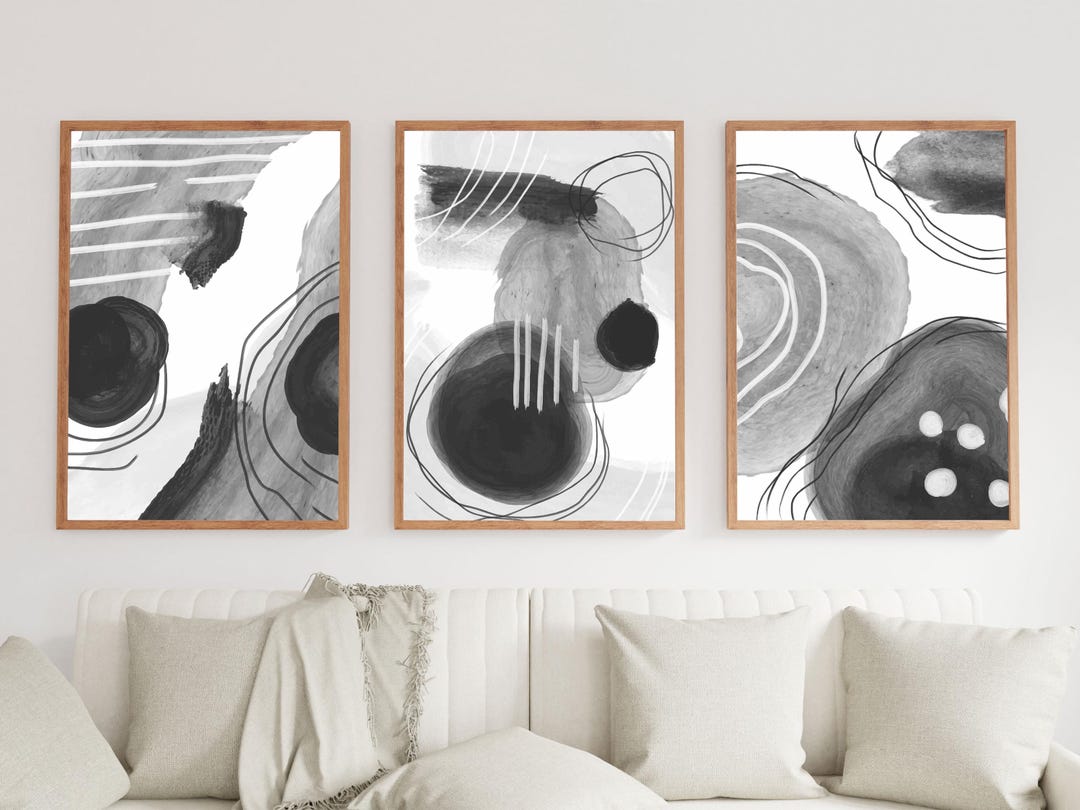 Modern Abstract Wall Art Set of 3 | Black and White Brushstroke Prints ...