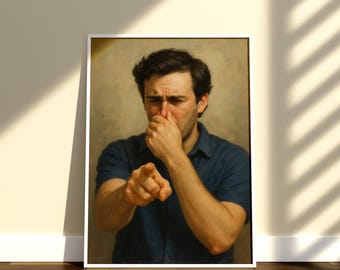 May include: A framed portrait of a man in a blue shirt, pointing and pinching his nose. The man has dark hair and a concerned expression. The background is a neutral colour.