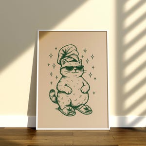Cool Cat in Slippers Art Print Green | Retro Print | Vintage Art | Bathroom Wall Art | Cat Print | Trendy Decor | Digital Download | Funky
