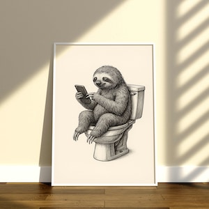Retro Sloth on Toilet Print | Quirky Bathroom Wall Art | Sloth Poster Decor | Playful Sloth Art | Digital Download | Toilet Humor Poster