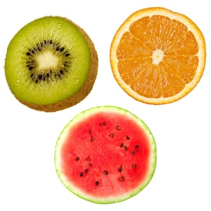 May include: A top-down view of three sliced fruits: a kiwi, an orange, and a watermelon. The kiwi is green with black seeds and a brown, fuzzy rind. The orange is bright orange, and the watermelon is red with black seeds and a green rind.