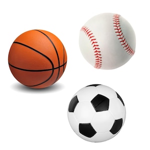 May include: Three sports balls on a white background. An orange basketball with black lines, a white baseball with red stitching, and a black and white soccer ball with pentagonal and hexagonal panels.