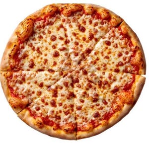 May include: A whole cheese pizza, cut into eight slices, on a white background. The pizza has a golden-brown crust, red sauce, and melted white cheese with browned spots. A classic, delicious meal.