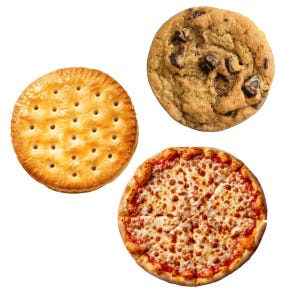 May include: Overhead shot of three food items on a white background. A round, golden-brown cracker with perforations is at the top left. A large chocolate chip cookie is at the top right. A round pizza with cheese is at the bottom.