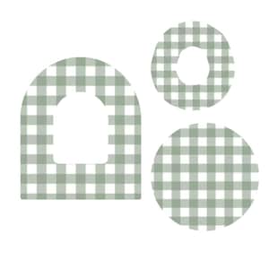 Może przedstawiać: Trzy dekoracyjne kształty z zielono-białym wzorem w kratę. Kształty obejmują łukowaty kształt z wycięciem, pierścień i okrąg. Projekty są umieszczone na białym tle.