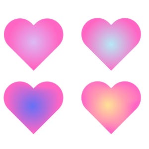 May include: Four pink heart shapes with a gradient effect. Each heart has a different colour gradient, including pink, blue, purple, and yellow. The hearts are set against a white background.