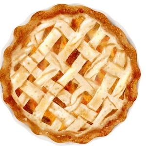 Może przedstawiać: Akwarelowa ilustracja upieczonego ciasta z kratką. Ciasto ma złoto-brązową skórkę i jasne nadzienie. Wzór kratki wykonany jest z pasków ciasta, tworząc tkany wzór na nadzieniu.