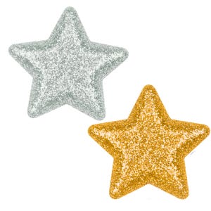 May include: Two five-pointed star shapes, one covered in silver glitter and the other covered in gold glitter. Both stars feature a textured, sparkling surface that reflects light, creating a uniform appearance across the entire front face of each star.