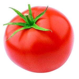 Może przedstawiać: Dojrzały, czerwony pomidor z zieloną łodygą i liśćmi. Pomidor jest okrągły i gładki, z błyszczącą powierzchnią. Obraz to zbliżenie, podkreślające świeżość i kolor produktu.