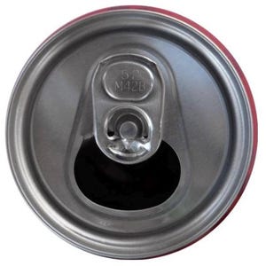 Może przedstawiać: Zbliżenie na górną część czerwono-srebrnej aluminiowej puszki. Srebrna zawleczka jest oznaczona numerami "52" i "M42B". Otwór jest czarny, a krawędź puszki srebrna.