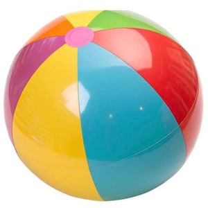 Może przedstawiać: Kolorowa piłka plażowa z segmentami w kolorze czerwonym, pomarańczowym, żółtym, zielonym, niebieskim i fioletowym. Mały różowy okrąg znajduje się na środku. Piłka jest napompowana.