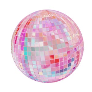 Puede incluir: Una bola de discoteca con un mosaico de pequeñas baldosas cuadradas espejadas. Las baldosas reflejan una gama de colores, incluyendo rosa, morado y turquesa, creando un efecto brillante. La bola es esférica y está sobre un fondo blanco.