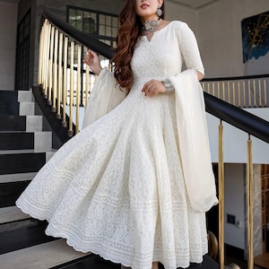 chikankari designer dress Ivory Chikankari Embroidered Gown with Dupatta