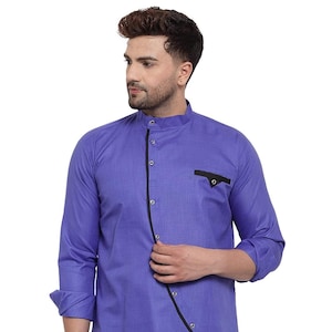 Handgefertigte Solide Royal Blau Baumwolle Kurta Shirt für Männer | Designer schlichte Tunika mit Tasche | Lässige ethnische Indie Wear | Bequemes Tragen Top