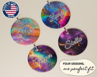 Galaxy Swirl Personalized Dog ID Tag, Custom Pet Name Tag, Colorful Space Dog Tag for Pets, Unique Cosmic Pet Collar Tag, 4 Unique Designs