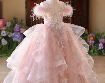 May include: A light pink formal dress with a layered skirt and a bodice embellished with sequins and beads. The dress features a V-neckline and is adorned with feather accents on the shoulders. The skirt has multiple layers of tulle.
