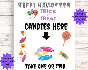 Halloween Candy Sign Printable, Candies Here Arrow sign, Trick or Treat Sign, Candy bowl or basket sign, Door or Porch Sign, Take One or two