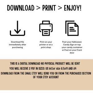 Puede incluir: Gr&aacute;fico de descarga digital con instrucciones: &iexcl;Descargar, Imprimir, Disfrutar! Incluye iconos para descargar, imprimir y publicar un letrero de dulces de Halloween. El texto indica que el producto es una descarga digital, en tama&ntilde;os US letter y A4.