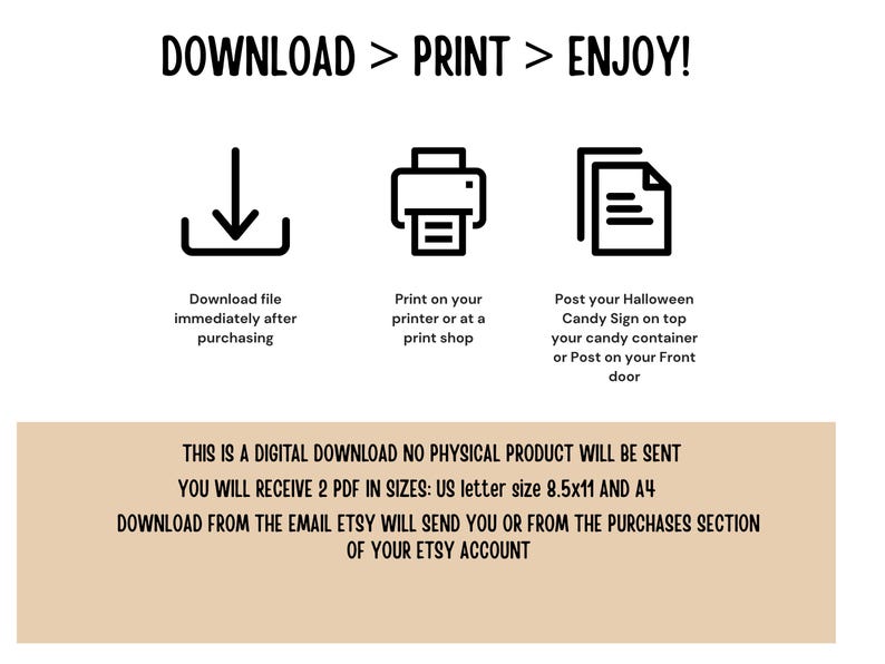 Puede incluir: Gr&aacute;fico de descarga digital con instrucciones: &iexcl;Descargar, Imprimir, Disfrutar! Incluye iconos para descargar, imprimir y publicar un letrero de dulces de Halloween. El texto indica que el producto es una descarga digital, en tama&ntilde;os US letter y A4.