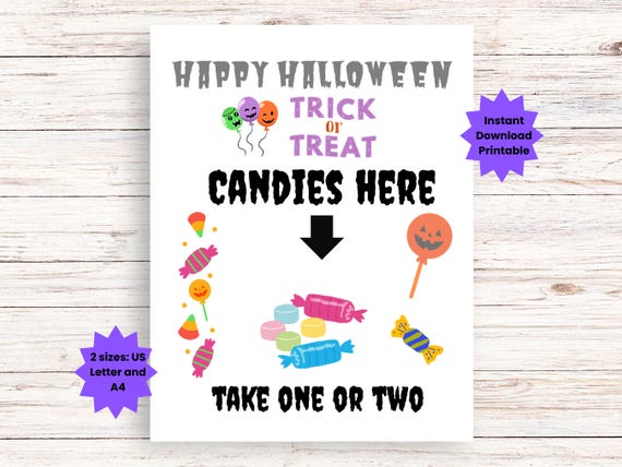 Halloween Candy Sign Printable, Candies Here Arrow sign, Trick or Treat Sign, Candy bowl or basket sign, Door or Porch Sign, Take One or two