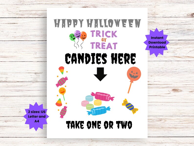 Puede incluir: Un letrero imprimible con tem&aacute;tica de Halloween con el texto "Happy Halloween Trick or Treat Candies Here". El letrero presenta ilustraciones de caramelos coloridos y globos. Tambi&eacute;n se incluye el texto "Take One or Two".