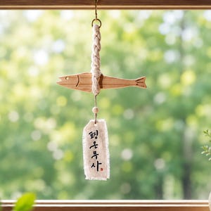 May include: A hanging ornament featuring a light-colored wooden fish cutout suspended by a thick braided cord. Below the fish, a rectangular piece of off-white fabric with frayed edges hangs, displaying black Korean calligraphy and a small red stamp.