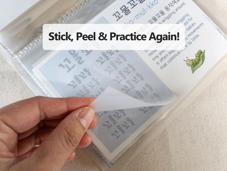 May include: A clear plastic binder containing educational cards with Korean text and English definitions. One card features a green caterpillar illustration and the text Stick, Peel & Practice Again! A translucent sheet is being lifted from the page.