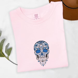 Blue Sugar Skull Comfort Colors T-Shirt: Gothic Dia de los Muertos Top