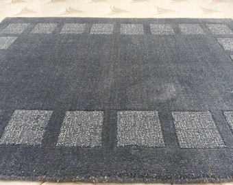 Handmade Blue Wool Area Rug: Minimalist Geometric Border