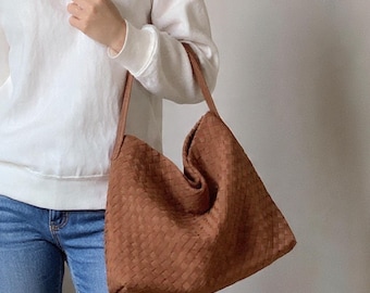 Bolso Hobo Tejido a Mano: Bolso de Ante Marrón Bolsos Tote Cruzados