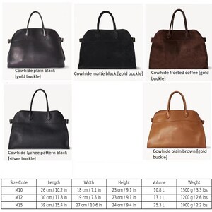 May include: A collection of leather handbags in various colors, including black, brown, and coffee. Each bag features a top handle and a gold or silver buckle. Sizes range from 10.2 inches to 15.4 inches in length.