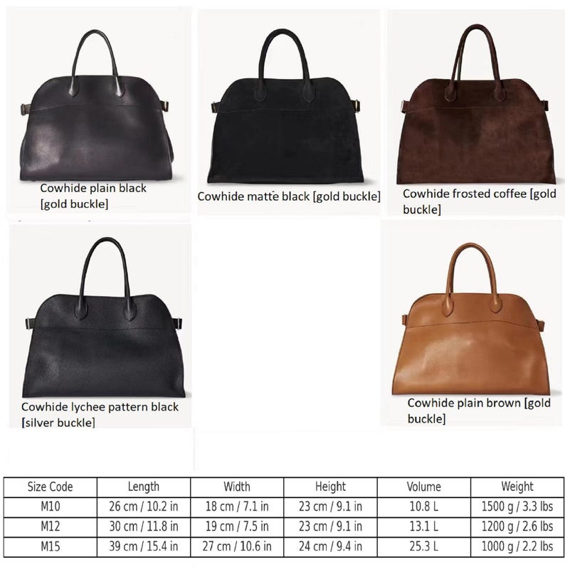May include: A collection of leather handbags in various colors, including black, brown, and coffee. Each bag features a top handle and a gold or silver buckle. Sizes range from 10.2 inches to 15.4 inches in length.