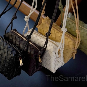 Women 100% Genuine Sheepskin Woven Camera Bag, Shoulder Crossbody Handbag, Women&#39;s Leather Sling Bag, crossbody bag