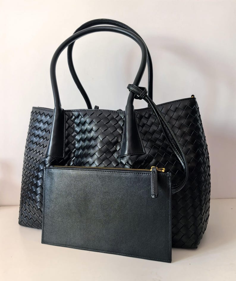 Black braided nappa leather duffle bag, woven sheep and cow leather stylish weekender